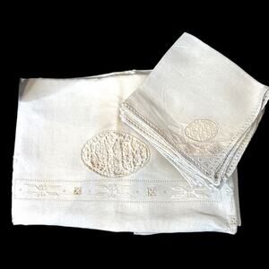 Fine Italian Vintage Linen Tablecloth with 12 Napkins Whitework Monogram Set